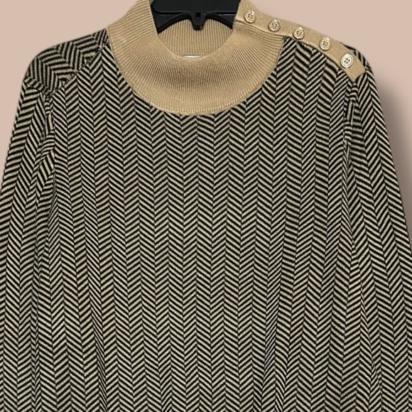 Calvin Klein Brown Black Chevron Sweater Gold Accents Mock Neck Size Large - Picture 4 of 10